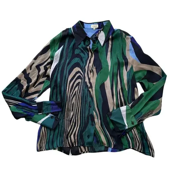 Feraud black, green, blue & purple button down silk top size 44 - Picture 11 of 11